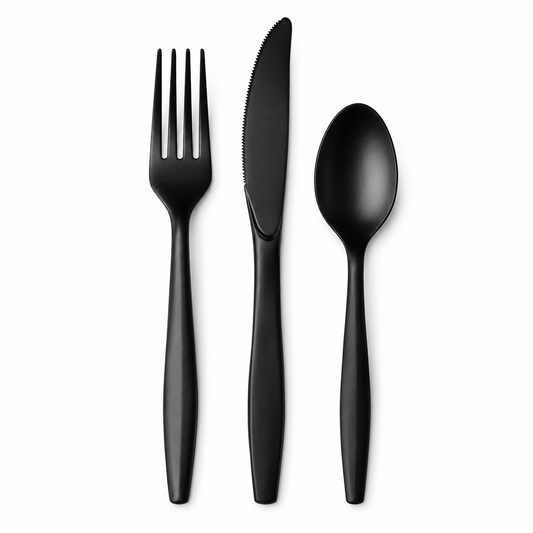 Heavy Duty Reusable Black Plastic Spoon, Fork and Knife (1000 Per Box)
