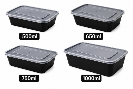 Heavy Duty Rectangular Black Microwave Food Containers & Lids (250 Per Box)