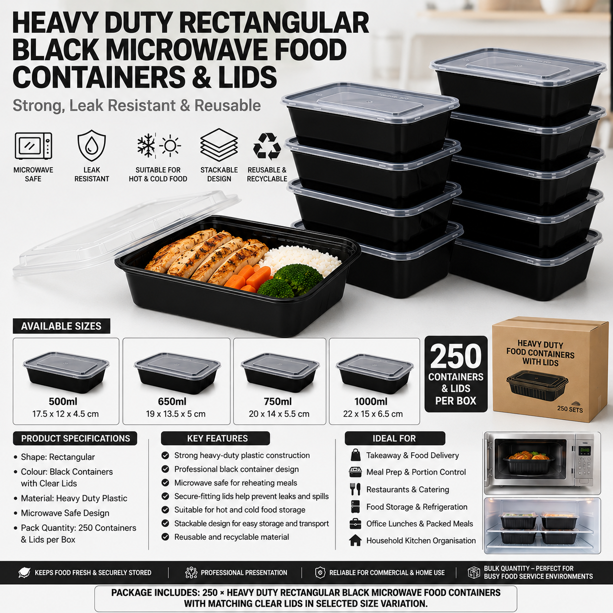 Heavy Duty Rectangular Black Microwave Food Containers & Lids (250 Per Box)