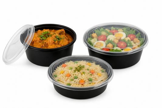 Plastic Round Black Containers & Lids (150 Per Box)