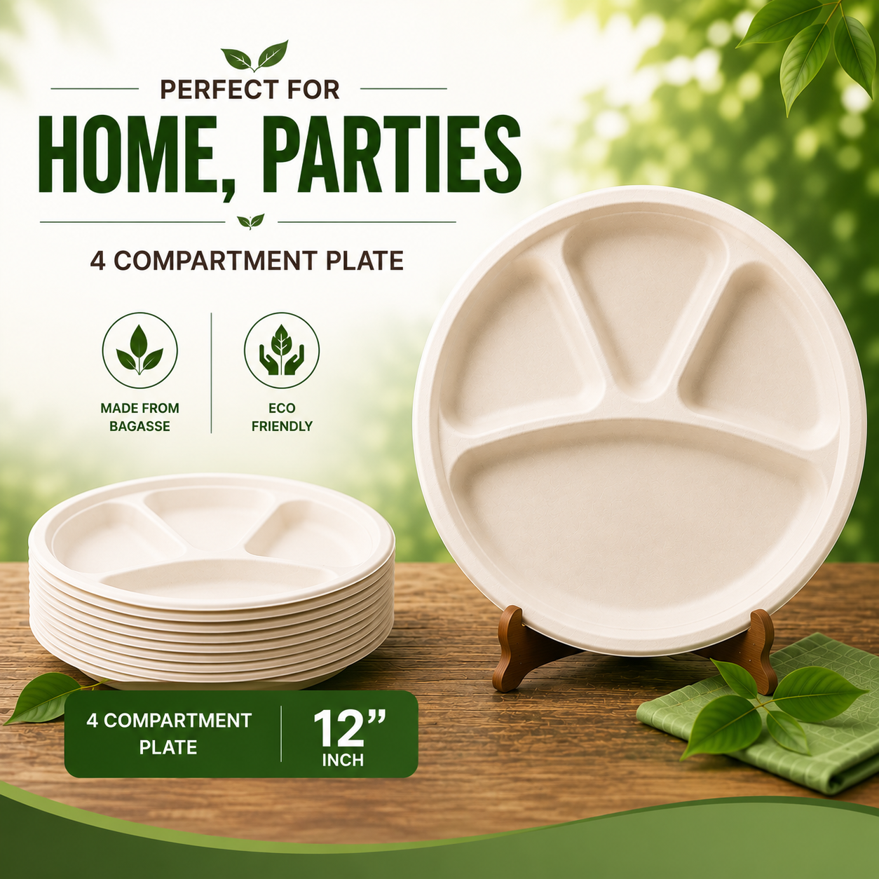 Compartment Bagasse Plates - Round