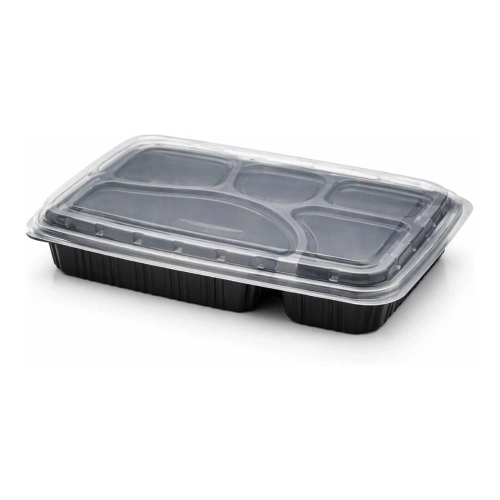 5 Comp Black Meal Tray Clear With Lid (300 Per Box)