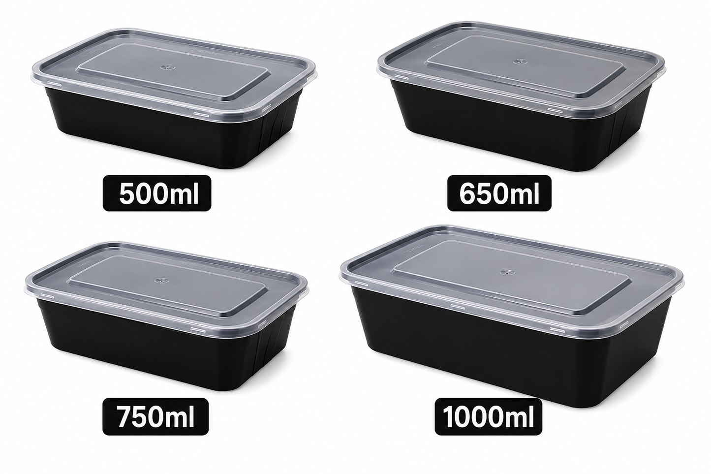 Heavy Duty Rectangular Black Microwave Food Containers & Lids (250 Per Box)