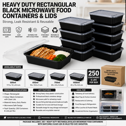 Heavy Duty Rectangular Black Microwave Food Containers & Lids (250 Per Box)