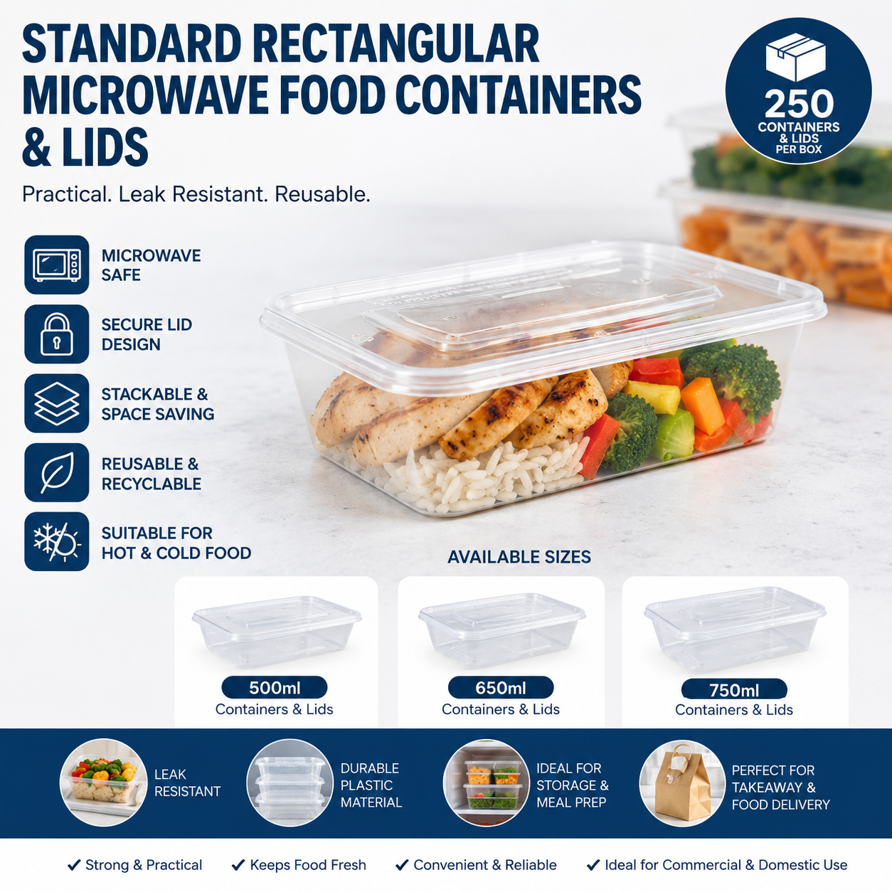 Standard Rectangular Clear Microwave Food Containers & Lids (250 Per Box)