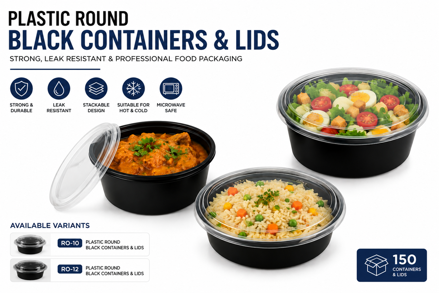 Plastic Round Black Containers & Lids (150 Per Box)