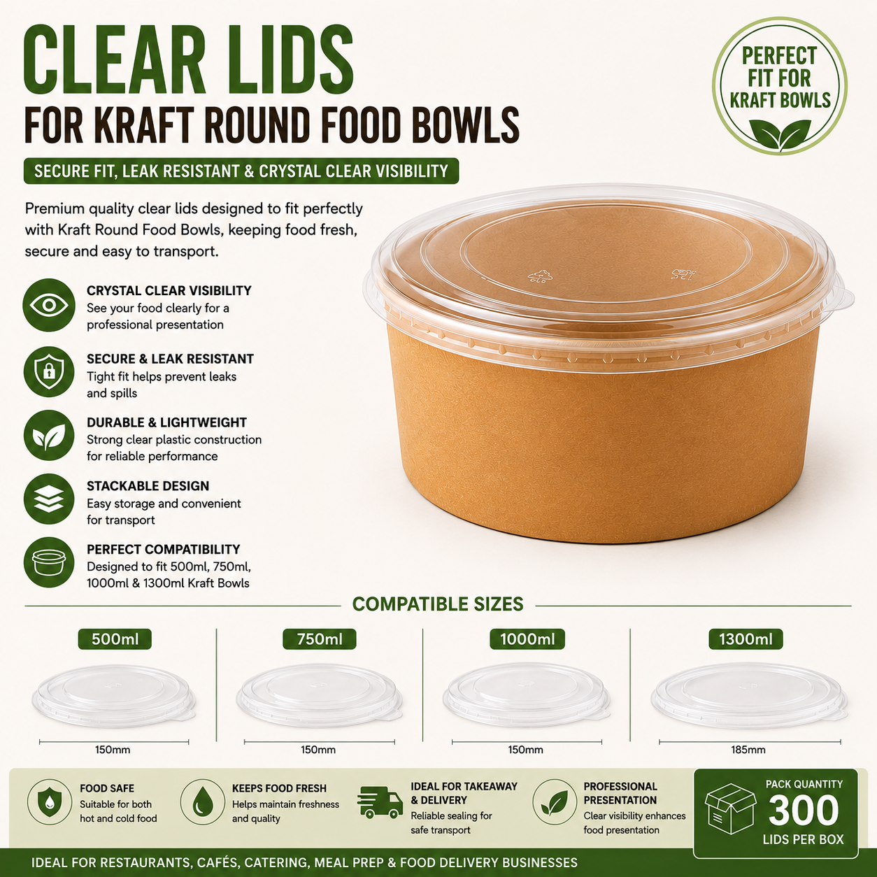 Kraft Round Food Bowls Clear Lid (300 Per Box)