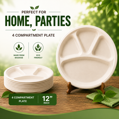 Compartment Bagasse Plates - Round