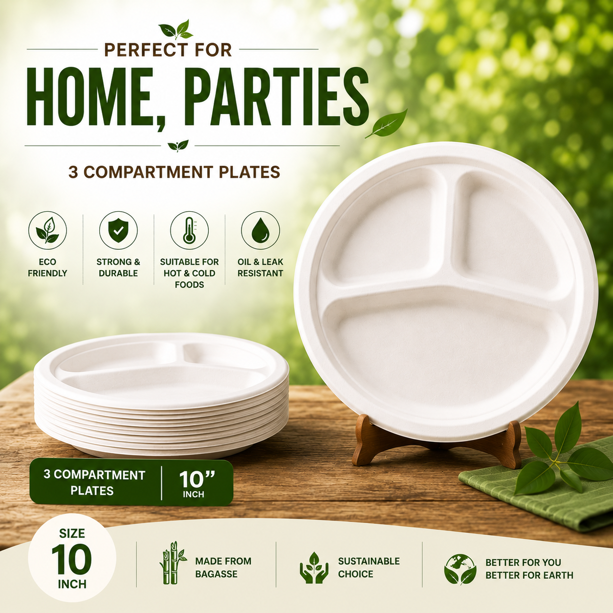 Compartment Bagasse Plates - Round